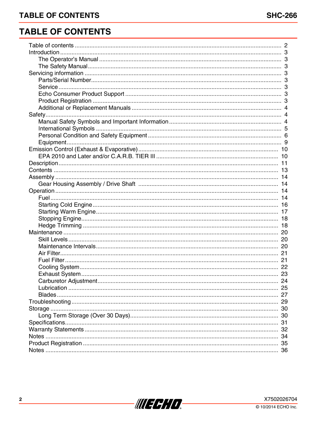 Echo X772000164, X7722271404 specifications Table of Contents 