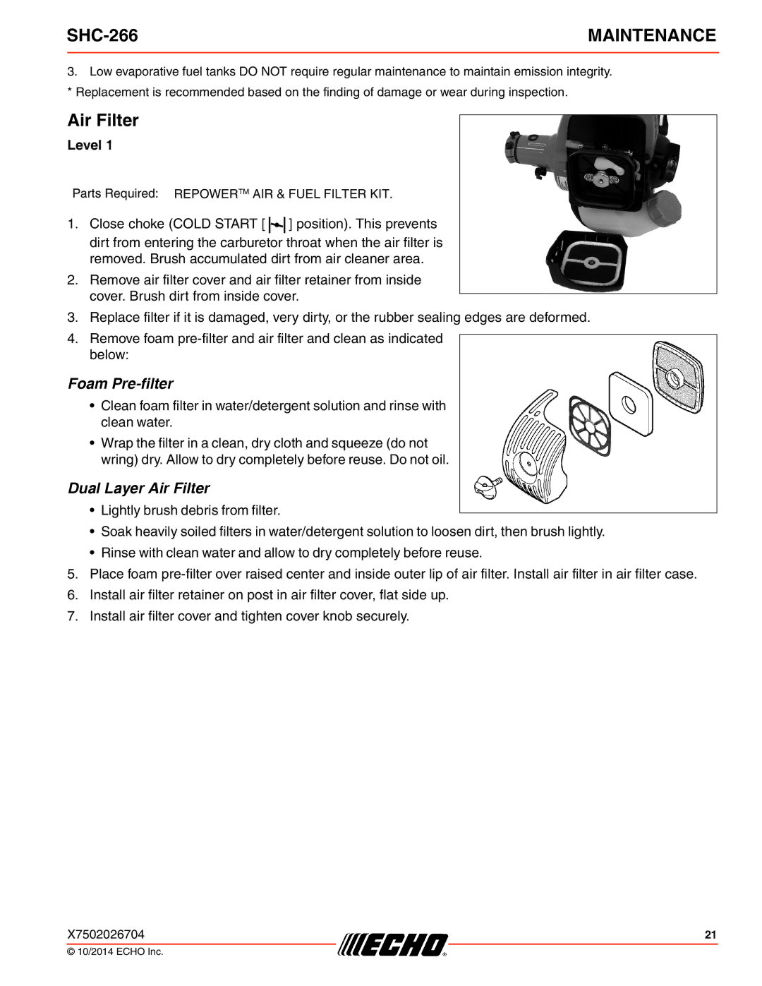 Echo X7722271404, X772000164 specifications Air Filter, Level 