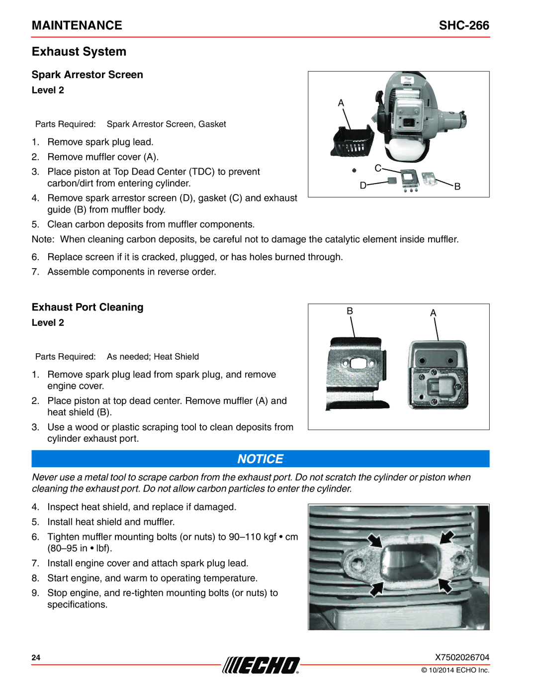 Echo X772000164, X7722271404 specifications Exhaust System, Spark Arrestor Screen, Exhaust Port Cleaning 