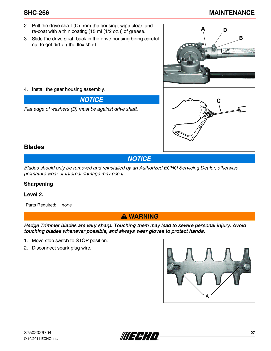 Echo X7722271404, X772000164 specifications Blades, Sharpening Level 