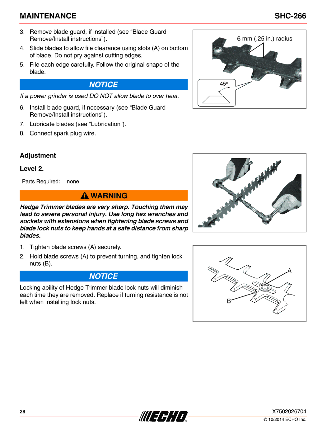 Echo X772000164, X7722271404 specifications Adjustment Level, If a power grinder is used do not allow blade to over heat 