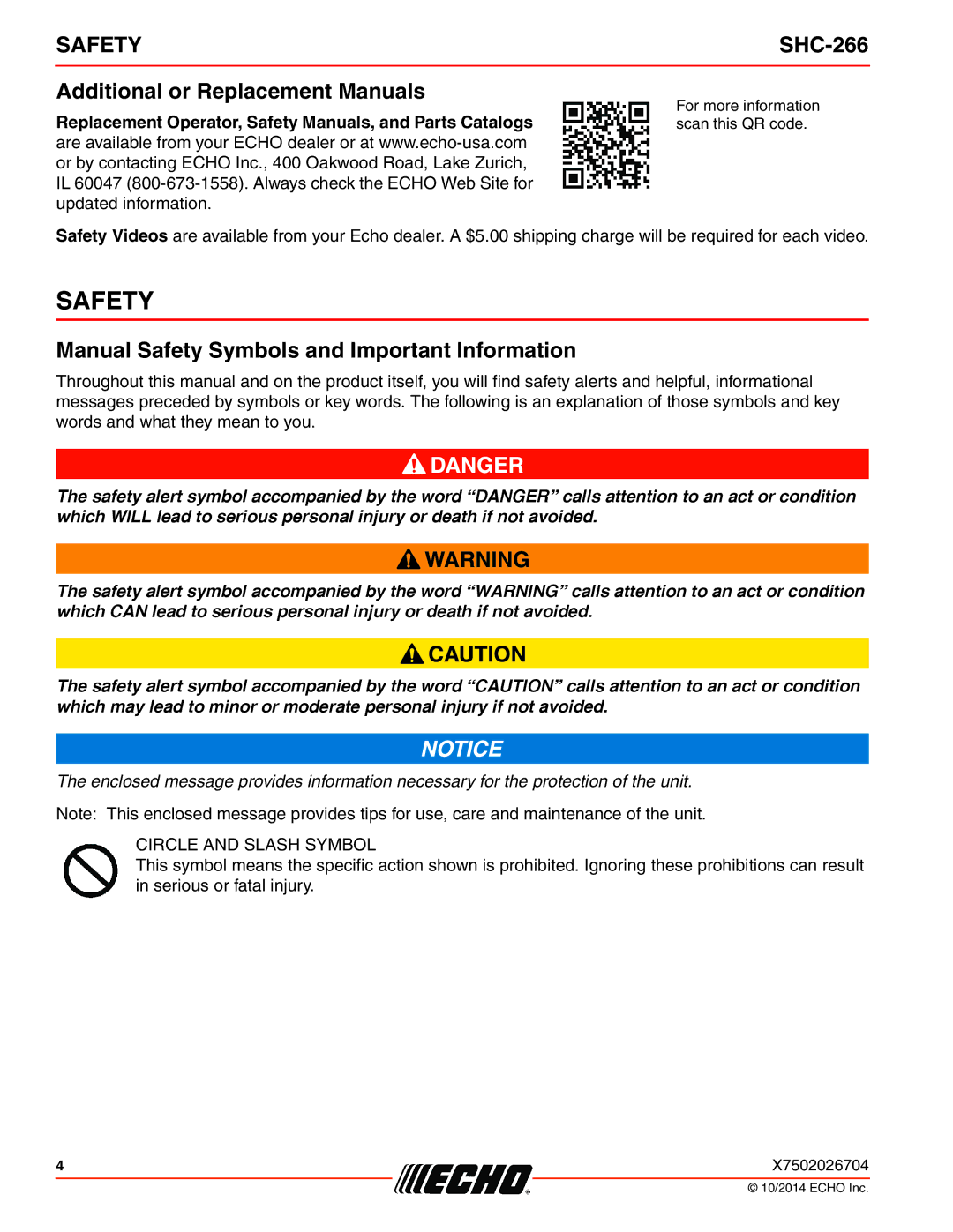 Echo X772000164, X7722271404 Additional or Replacement Manuals, Manual Safety Symbols and Important Information 