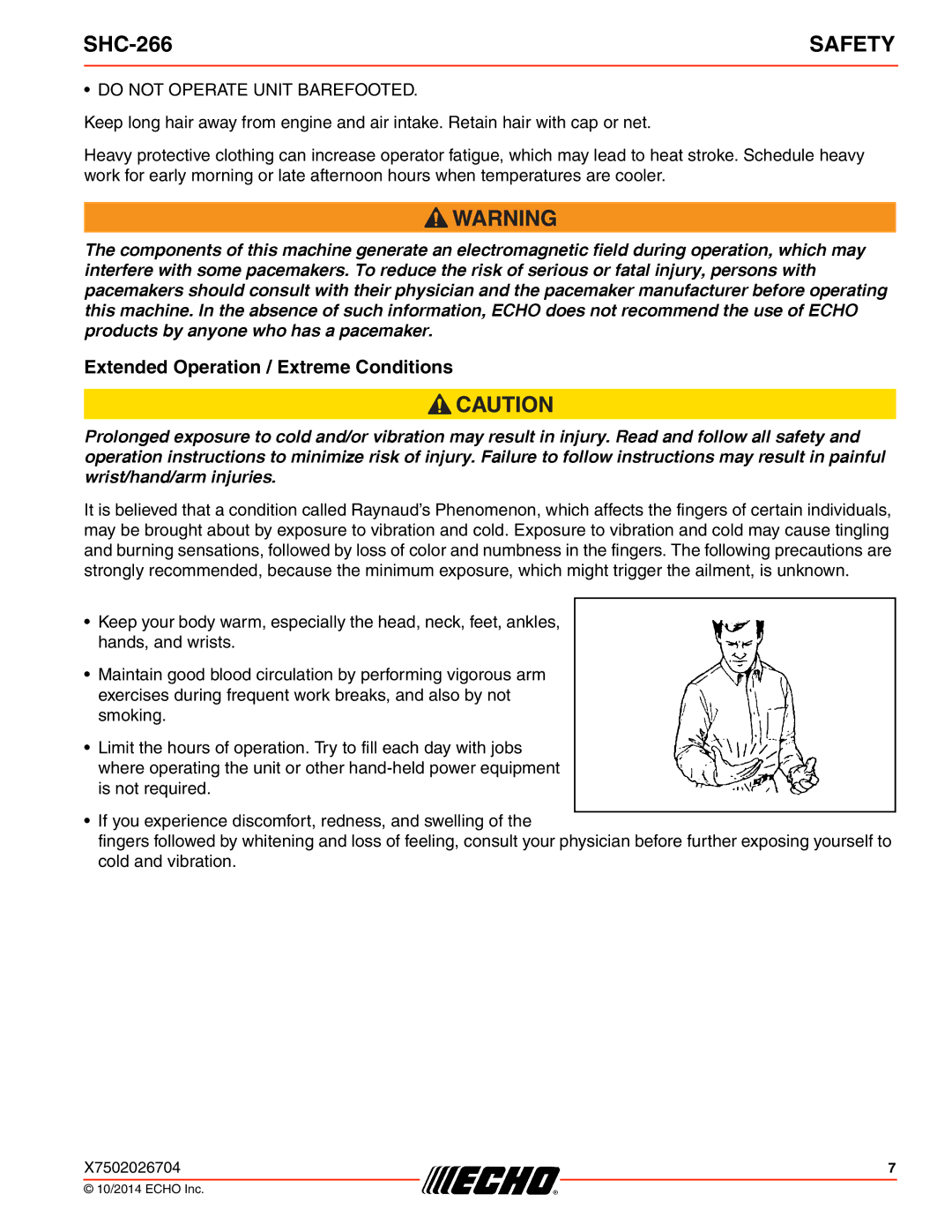 Echo X7722271404, X772000164 specifications Safety, Extended Operation / Extreme Conditions 