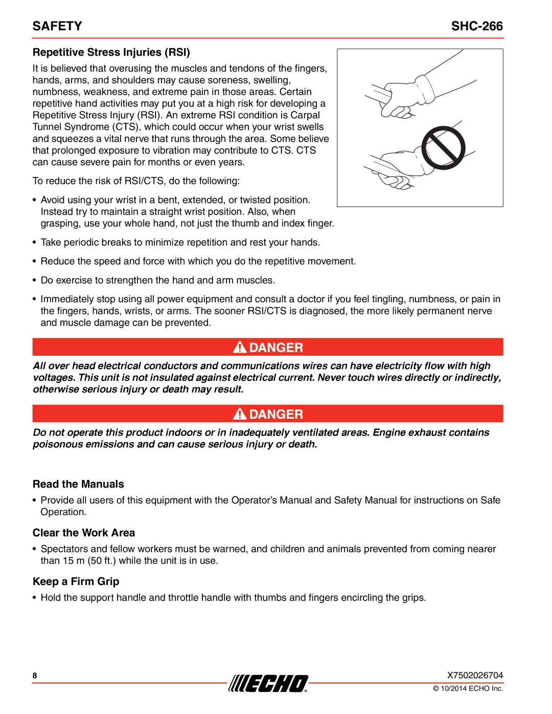 Echo X772000164, X7722271404 Repetitive Stress Injuries RSI, Read the Manuals, Clear the Work Area, Keep a Firm Grip 