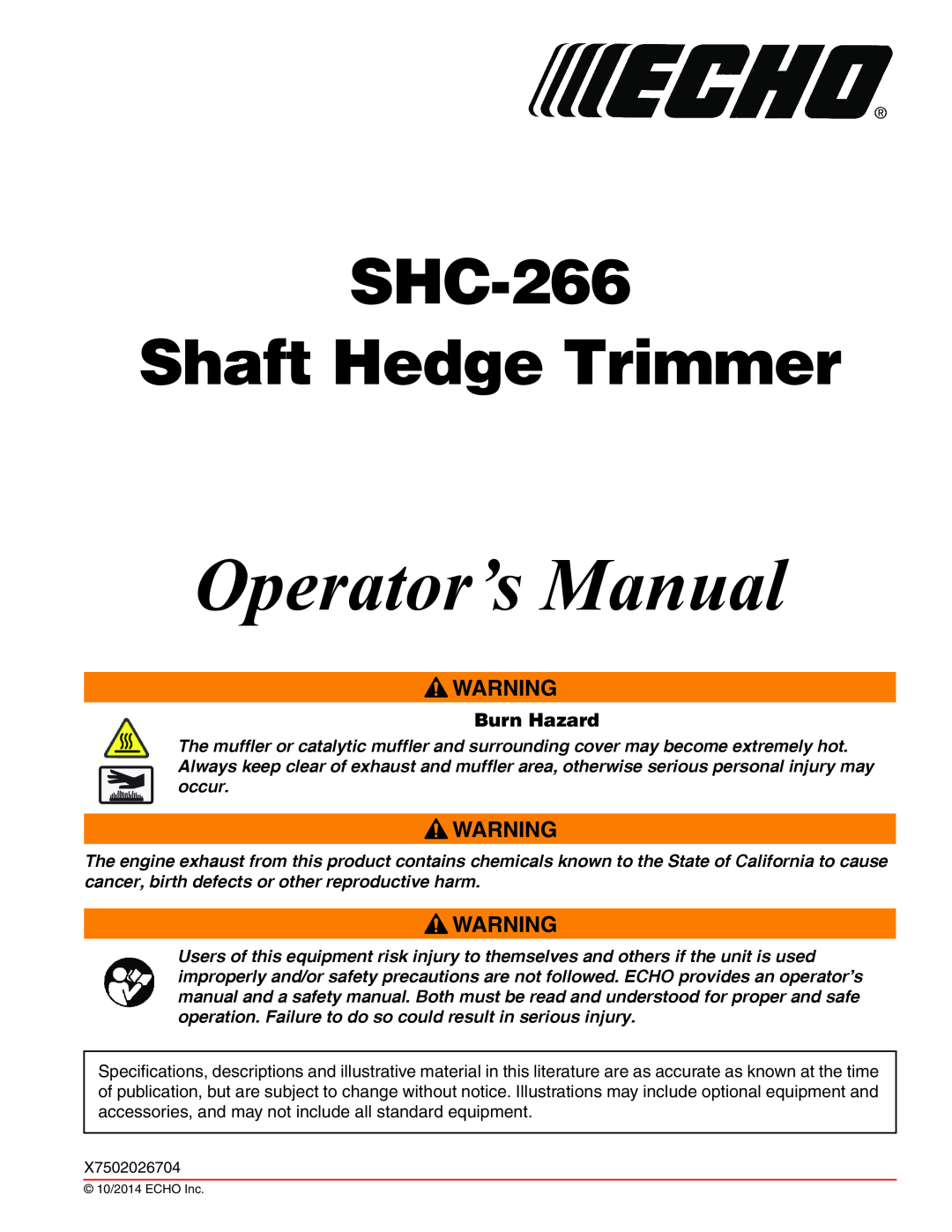 Echo X7722271404, X772000164 specifications Burn Hazard, Operator’s Manual, SHC-266 Shaft Hedge Trimmer 
