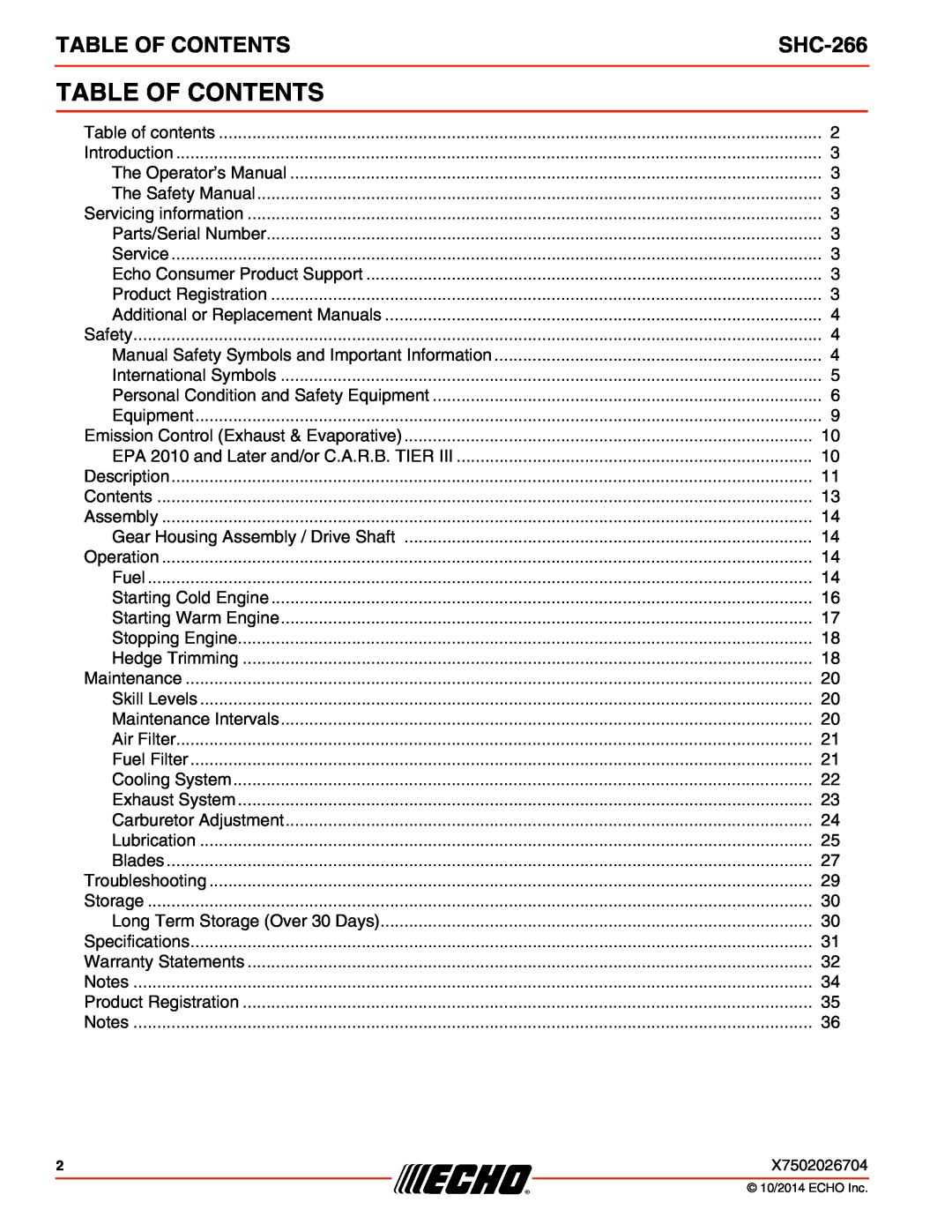 Echo X772000164, X7722271404 specifications Table Of Contents, SHC-266 