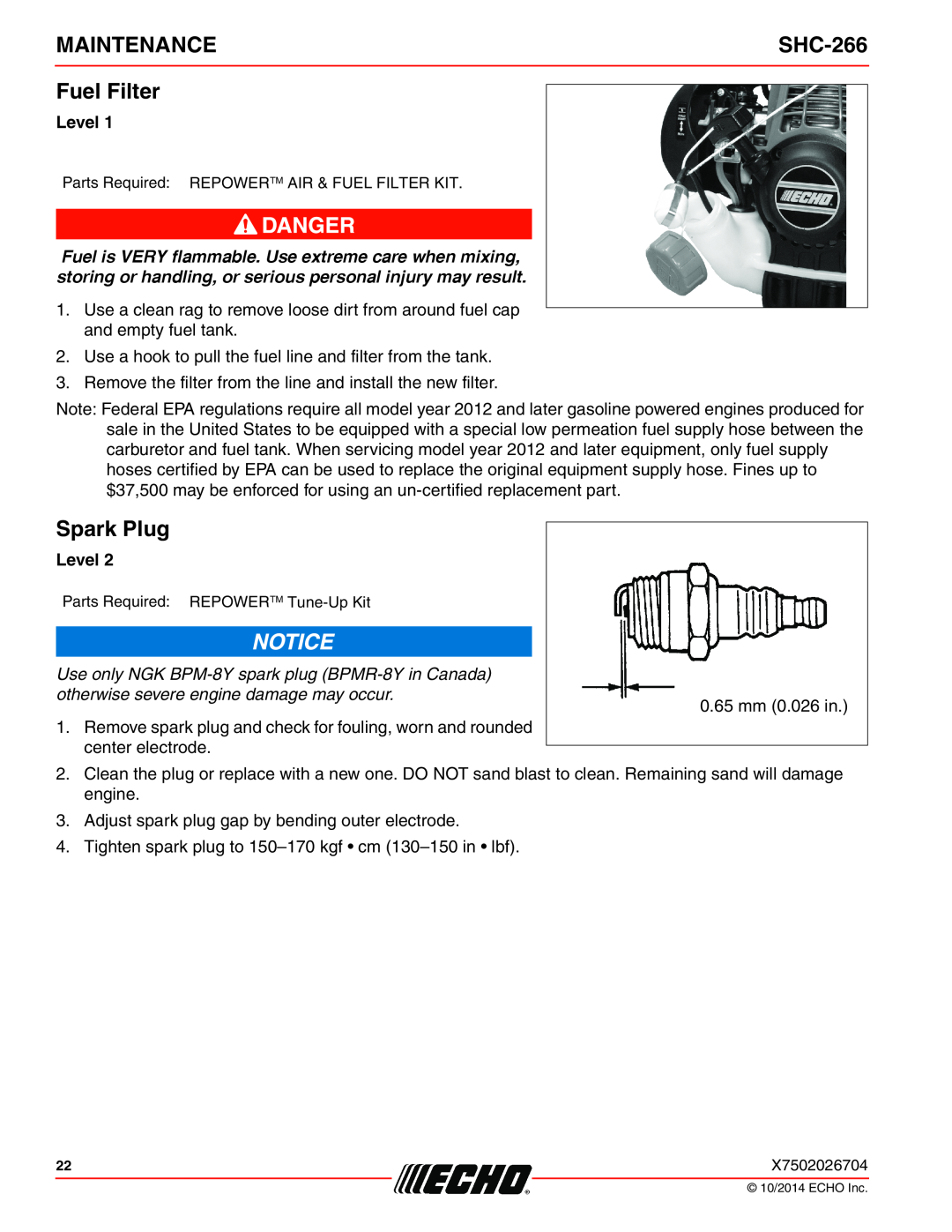 Echo X772000164, X7722271404 specifications Fuel Filter, Spark Plug, Maintenance, SHC-266 
