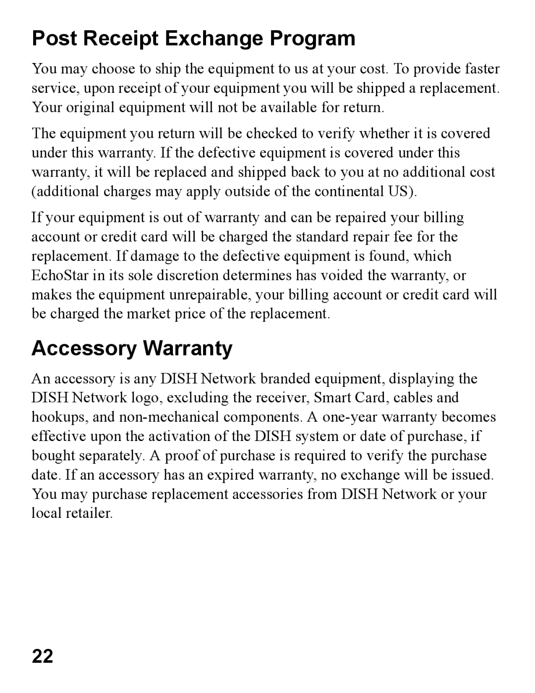 EchoStar 44 manual Post Receipt Exchange Program, Accessory Warranty 