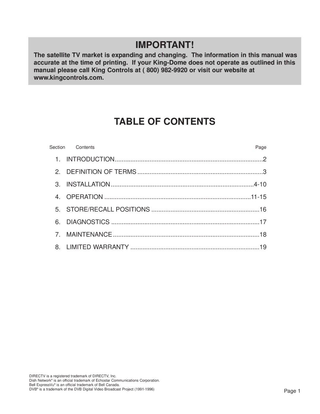 EchoStar 9630 LP manual Table of Contents 