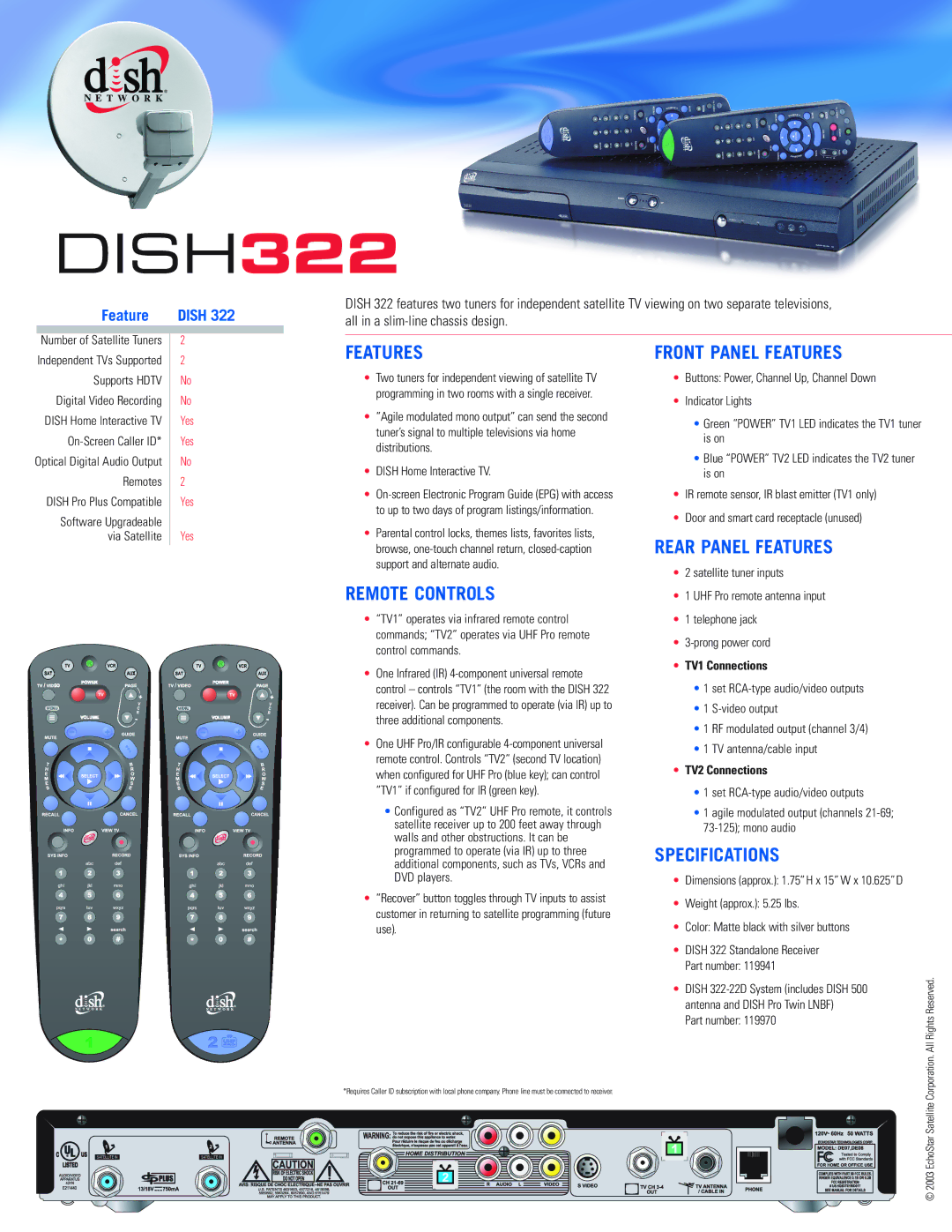 EchoStar DISH 322 manual Remote Controls, Front Panel Features, Rear Panel Features, Specifications 