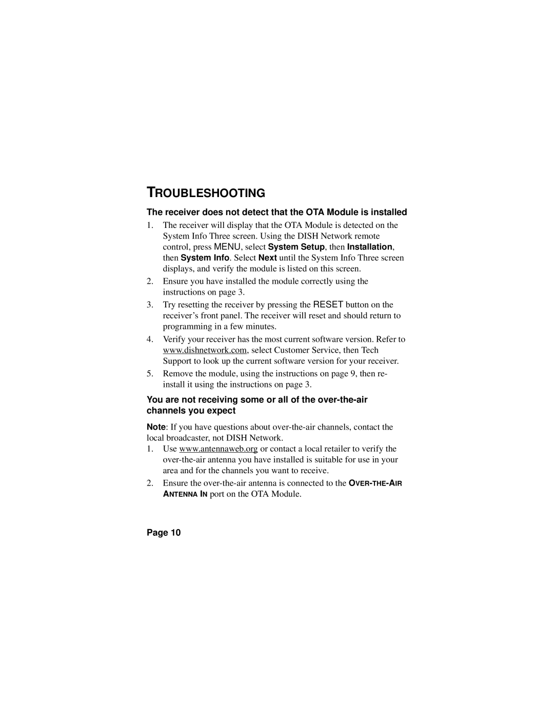 EchoStar MT2 manual Troubleshooting, Receiver does not detect that the OTA Module is installed 