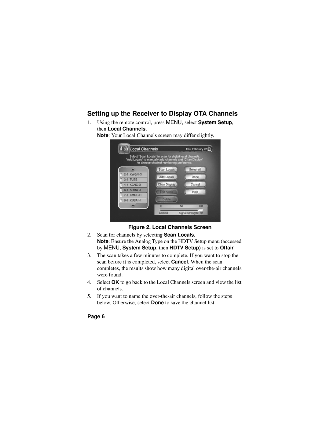 EchoStar MT2 manual Setting up the Receiver to Display OTA Channels 