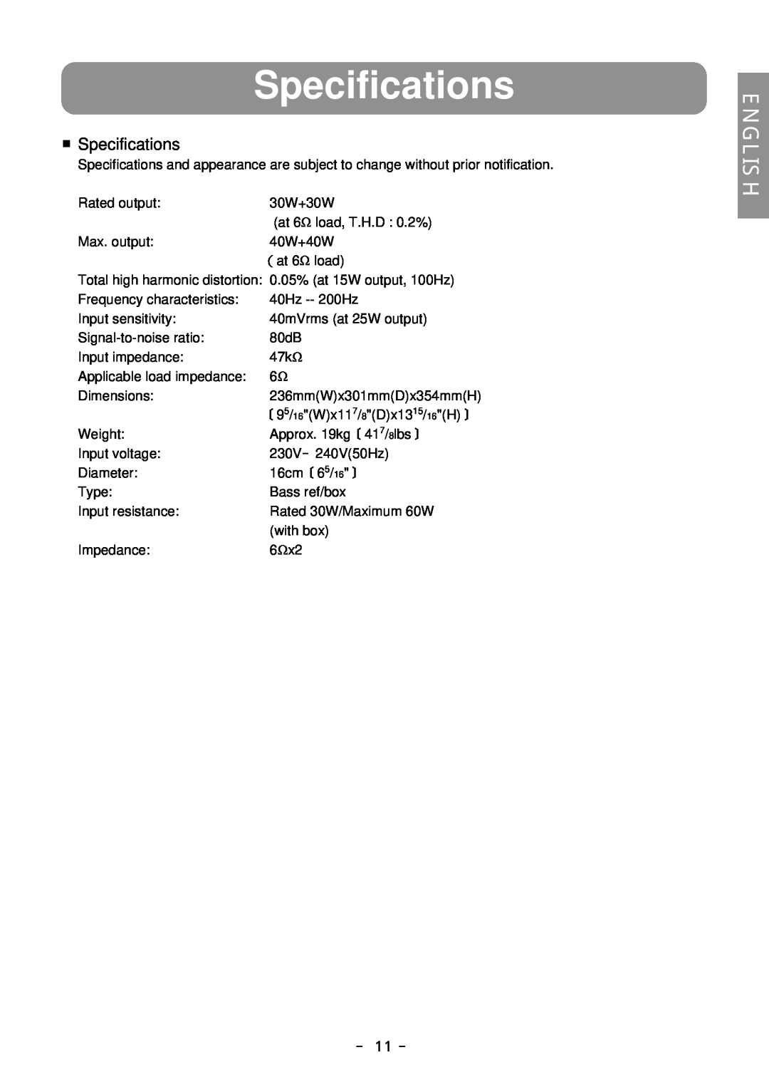 Eclipse - Fujitsu Ten 316SW owner manual Specifications, － 11 －, English 