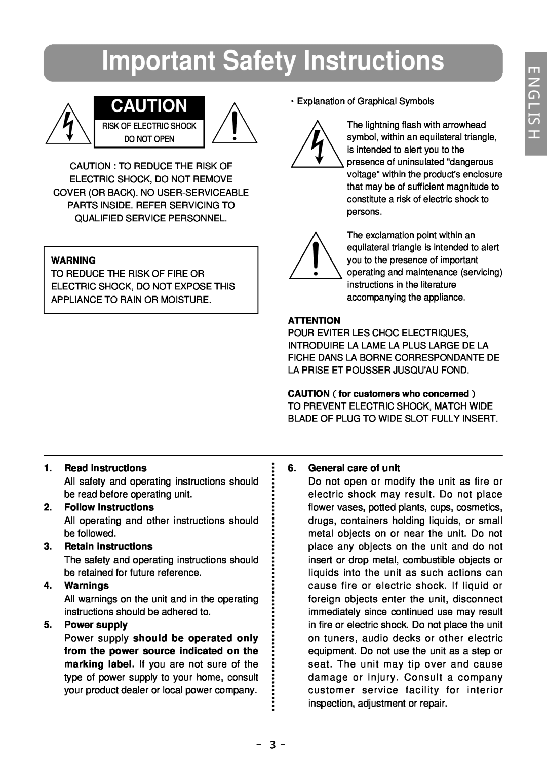 Eclipse - Fujitsu Ten 316SW － 3 －, Important Safety Instructions, Read instructions, Follow instructions, Warnings 