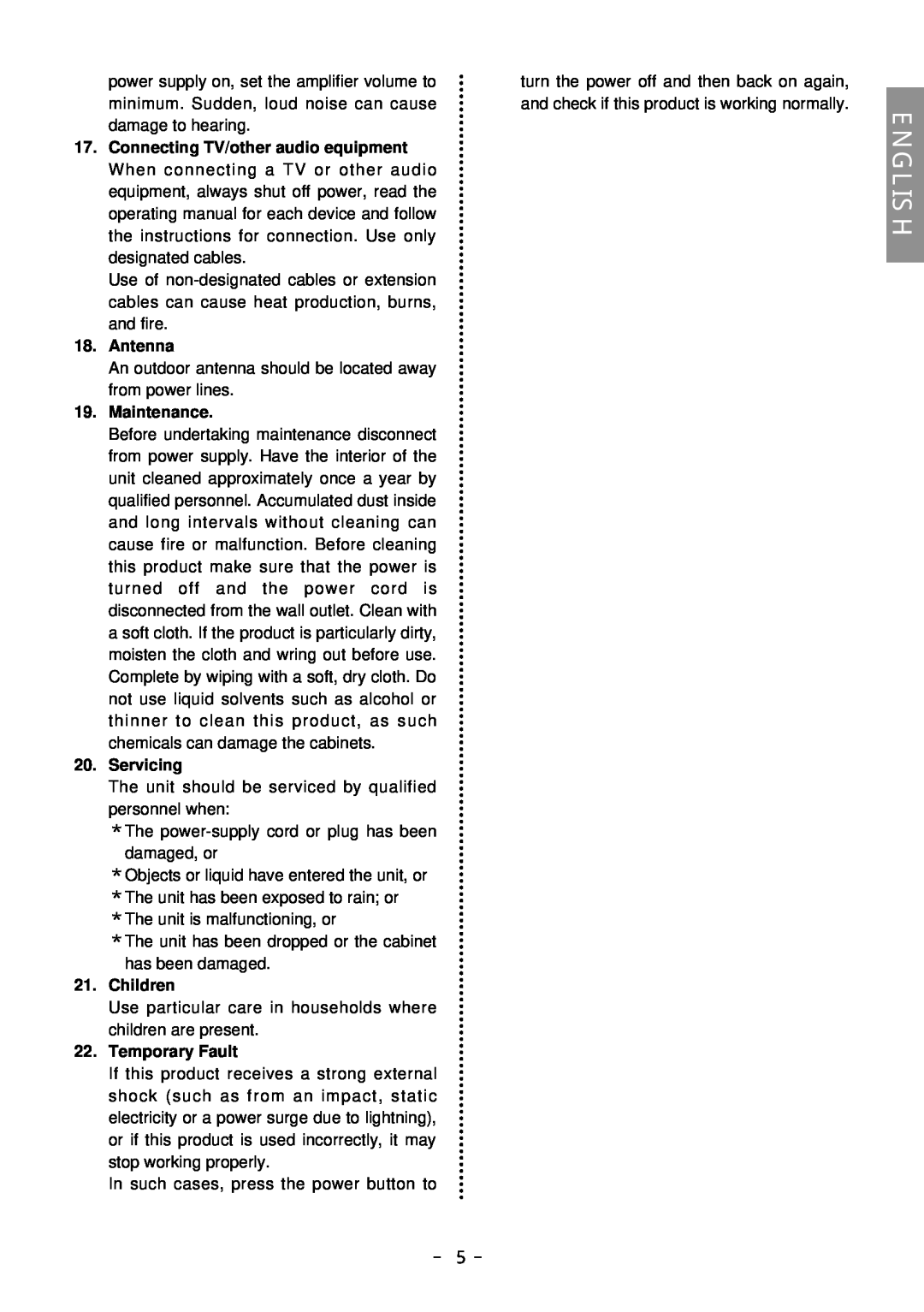 Eclipse - Fujitsu Ten 316SW owner manual － 5 －, English, Antenna, Maintenance, Servicing, Children, Temporary Fault 