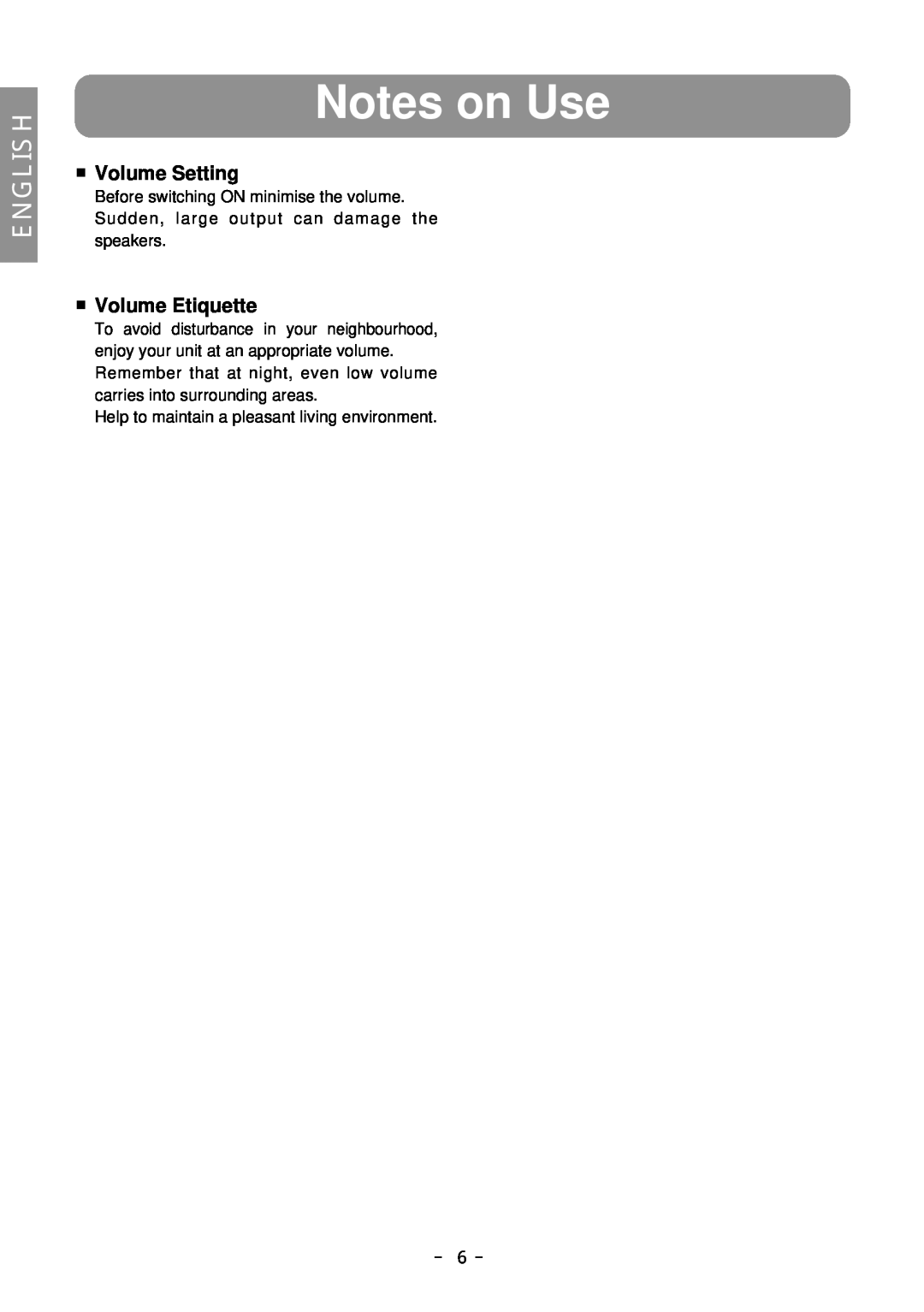 Eclipse - Fujitsu Ten 316SW owner manual Notes on Use, Volume Setting, Volume Etiquette, － 6 －, English 