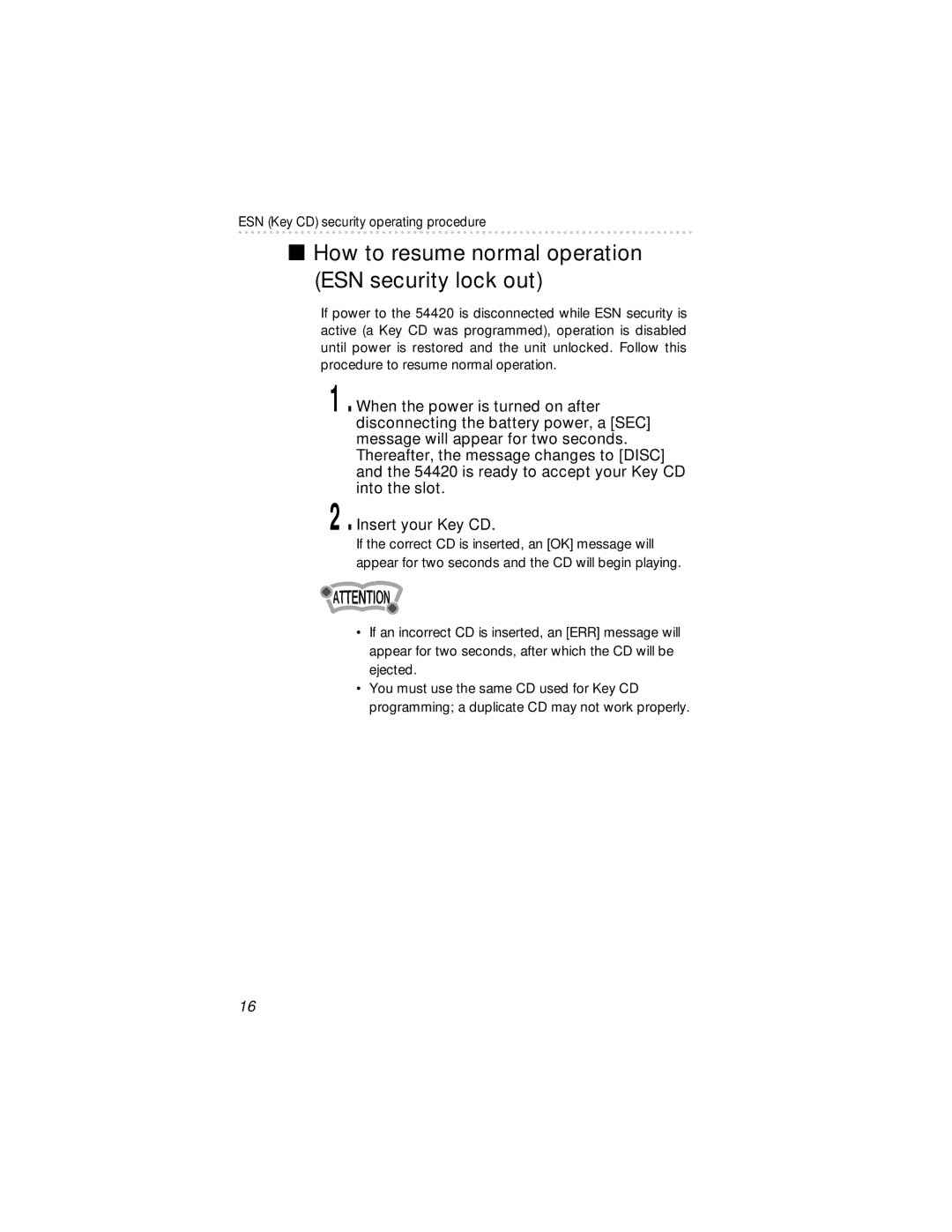 Eclipse - Fujitsu Ten 54420 owner manual How to resume normal operation ESN security lock out 