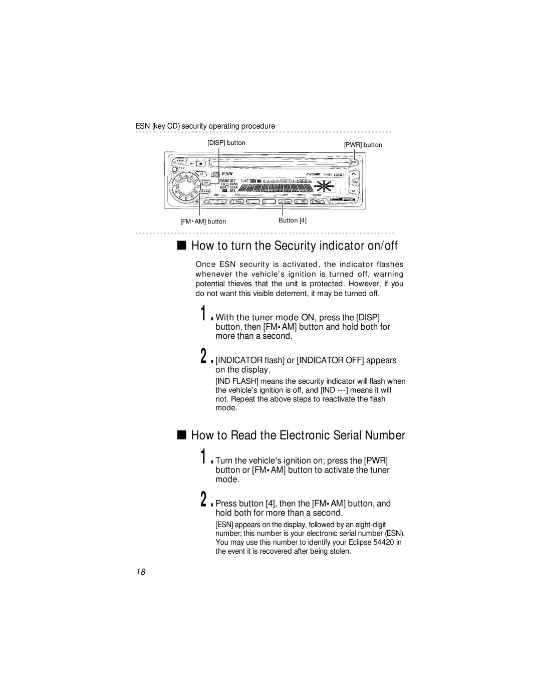 Eclipse - Fujitsu Ten 54420 How to turn the Security indicator on/off, How to Read the Electronic Serial Number 