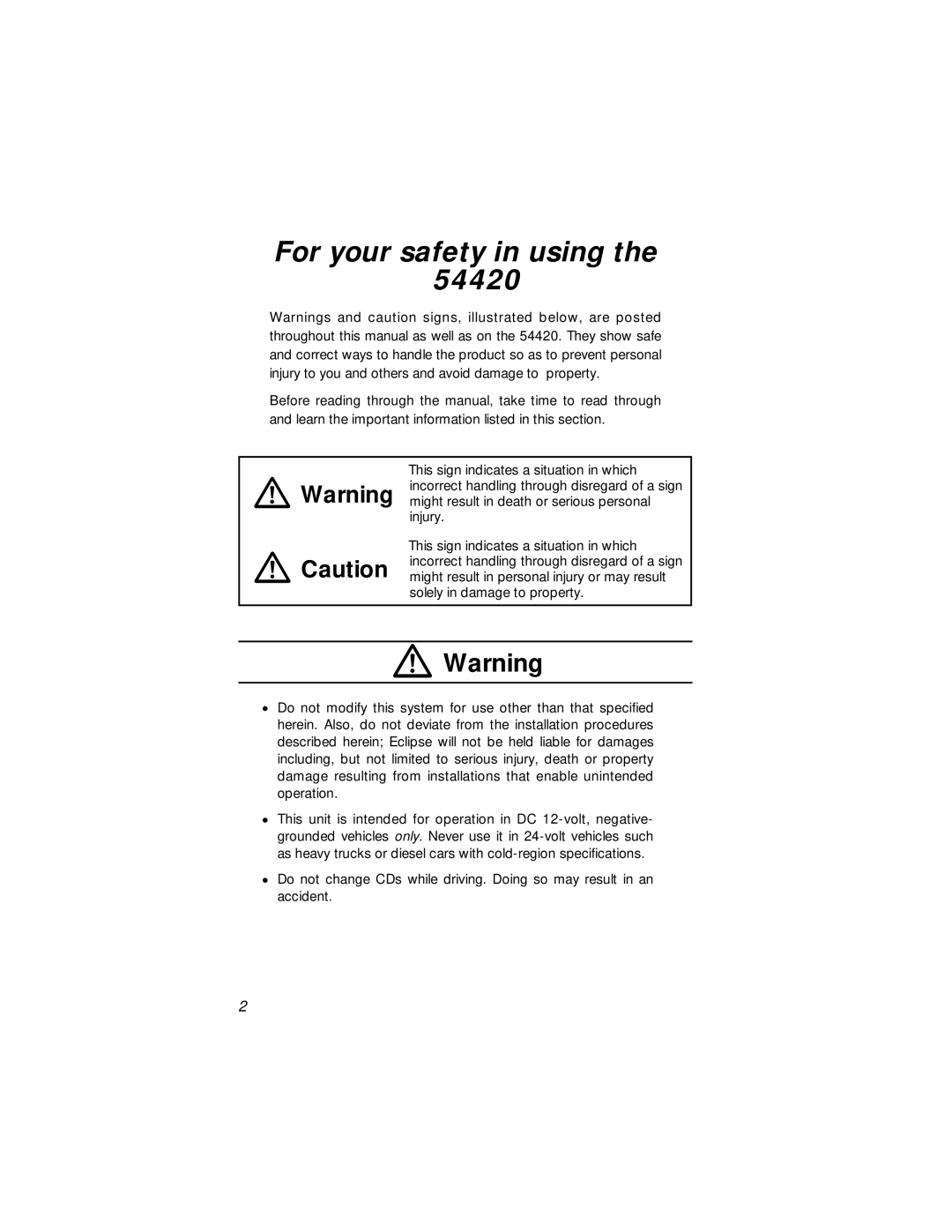 Eclipse - Fujitsu Ten 54420 owner manual For your safety in using 