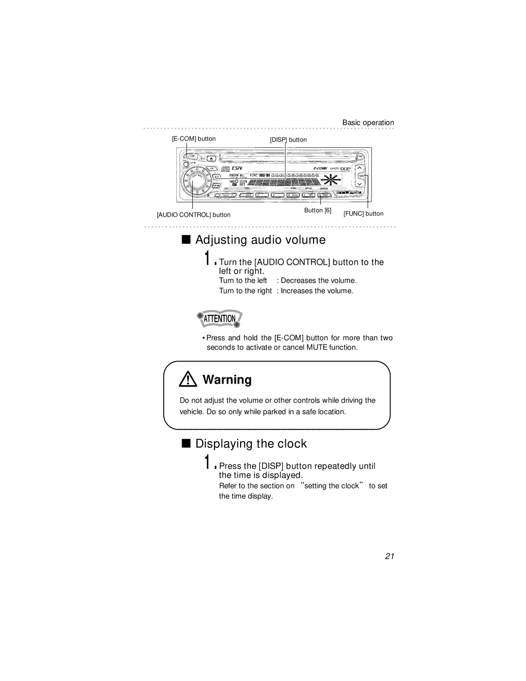 Eclipse - Fujitsu Ten 54420 owner manual Adjusting audio volume, Displaying the clock 