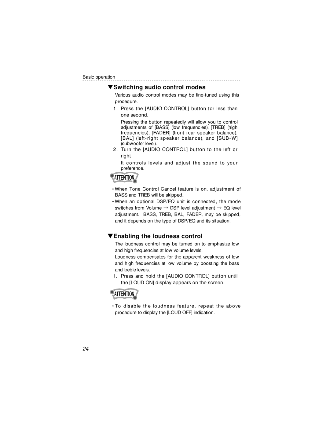 Eclipse - Fujitsu Ten 54420 owner manual Switching audio control modes, Enabling the loudness control 