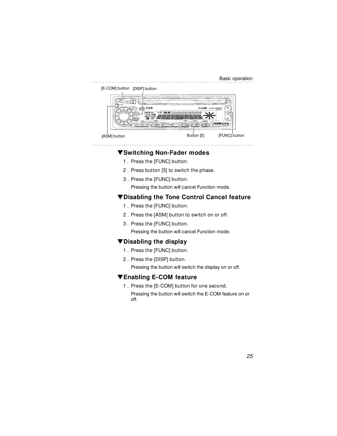 Eclipse - Fujitsu Ten 54420 Switching Non-Fader modes, Disabling the Tone Control Cancel feature, Disabling the display 