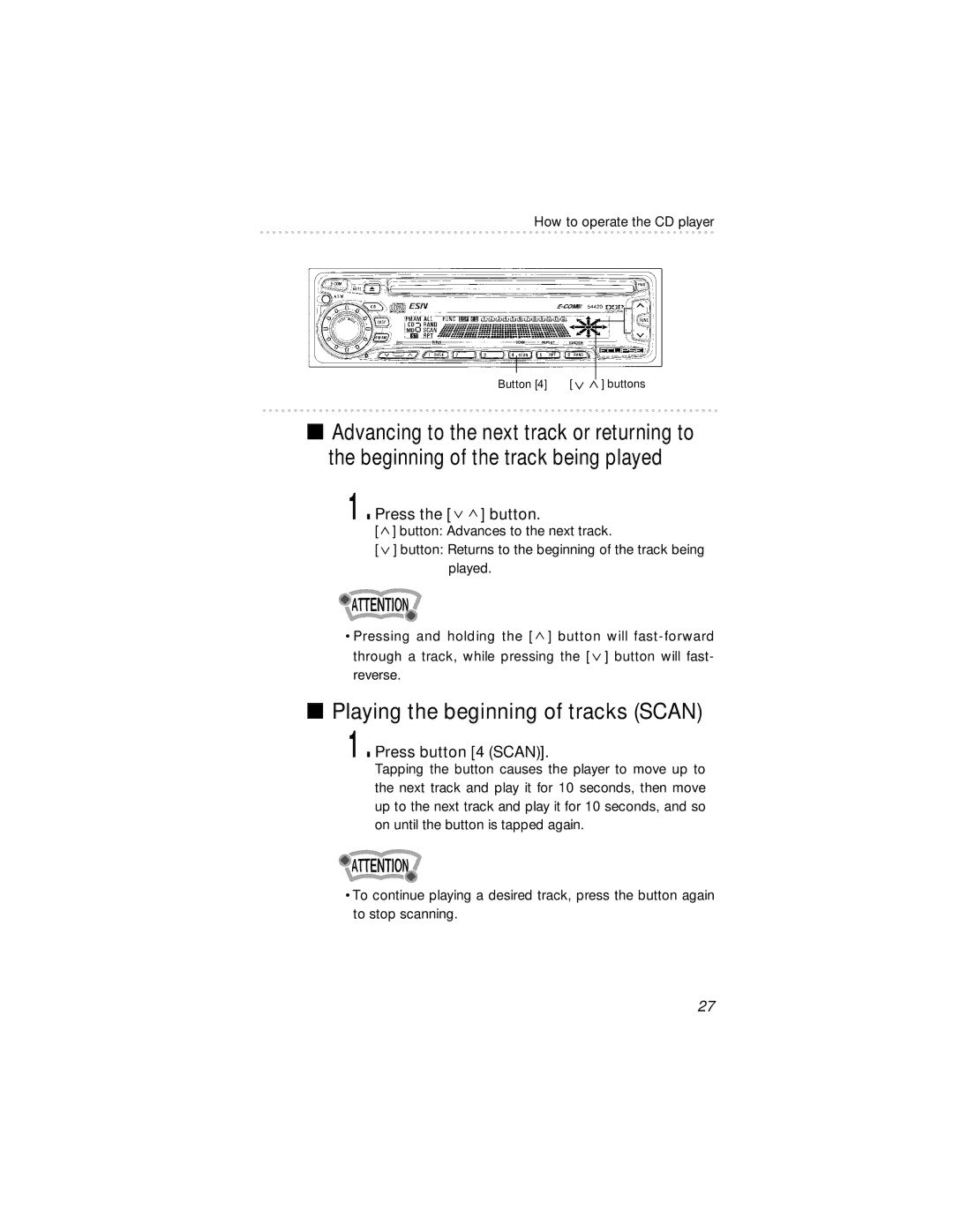 Eclipse - Fujitsu Ten 54420 owner manual Playing the beginning of tracks Scan, Press the button, Press button 4 Scan 