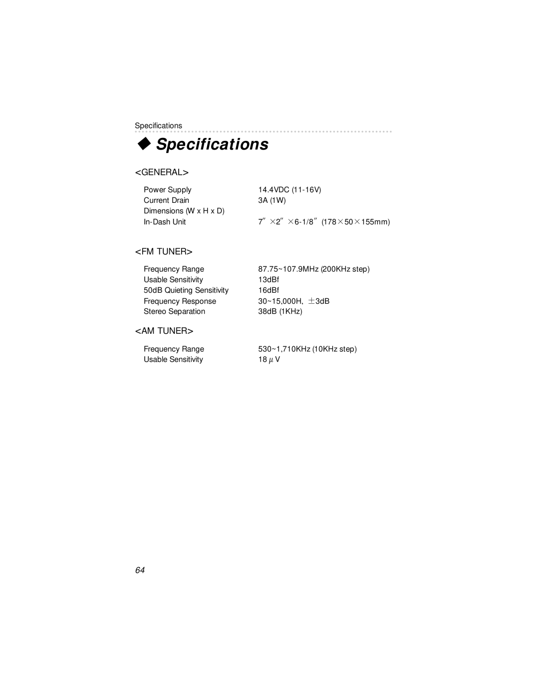 Eclipse - Fujitsu Ten 54420 owner manual Specifications, General 