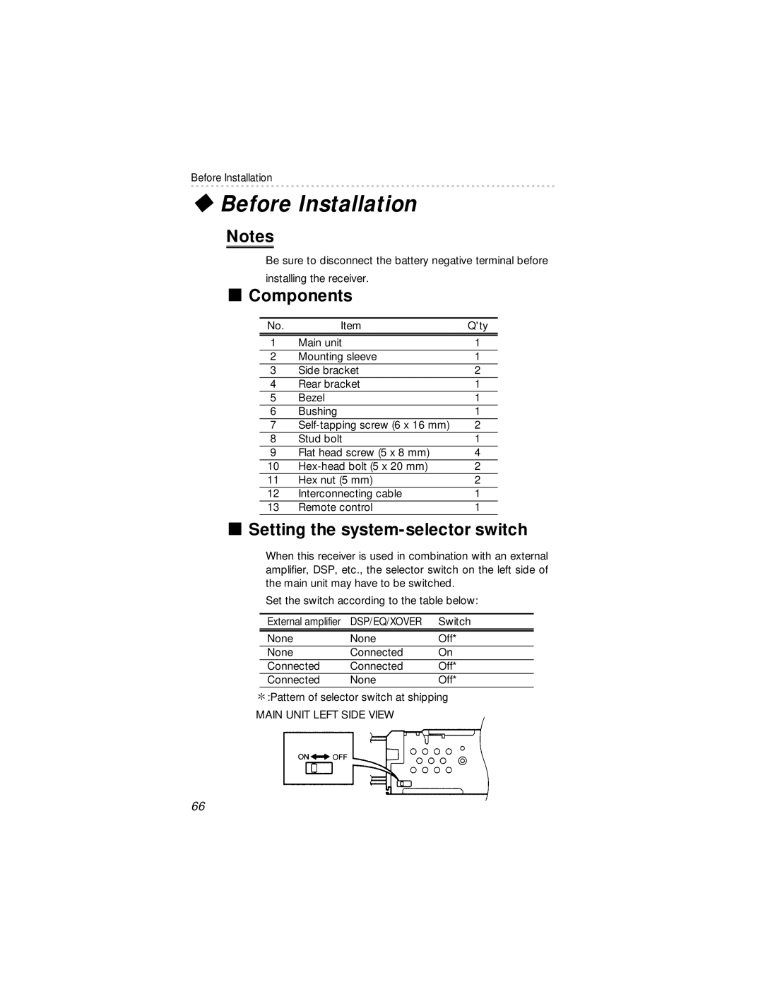 Eclipse - Fujitsu Ten 54420 owner manual Before Installation, Components, Setting the system-selector switch 