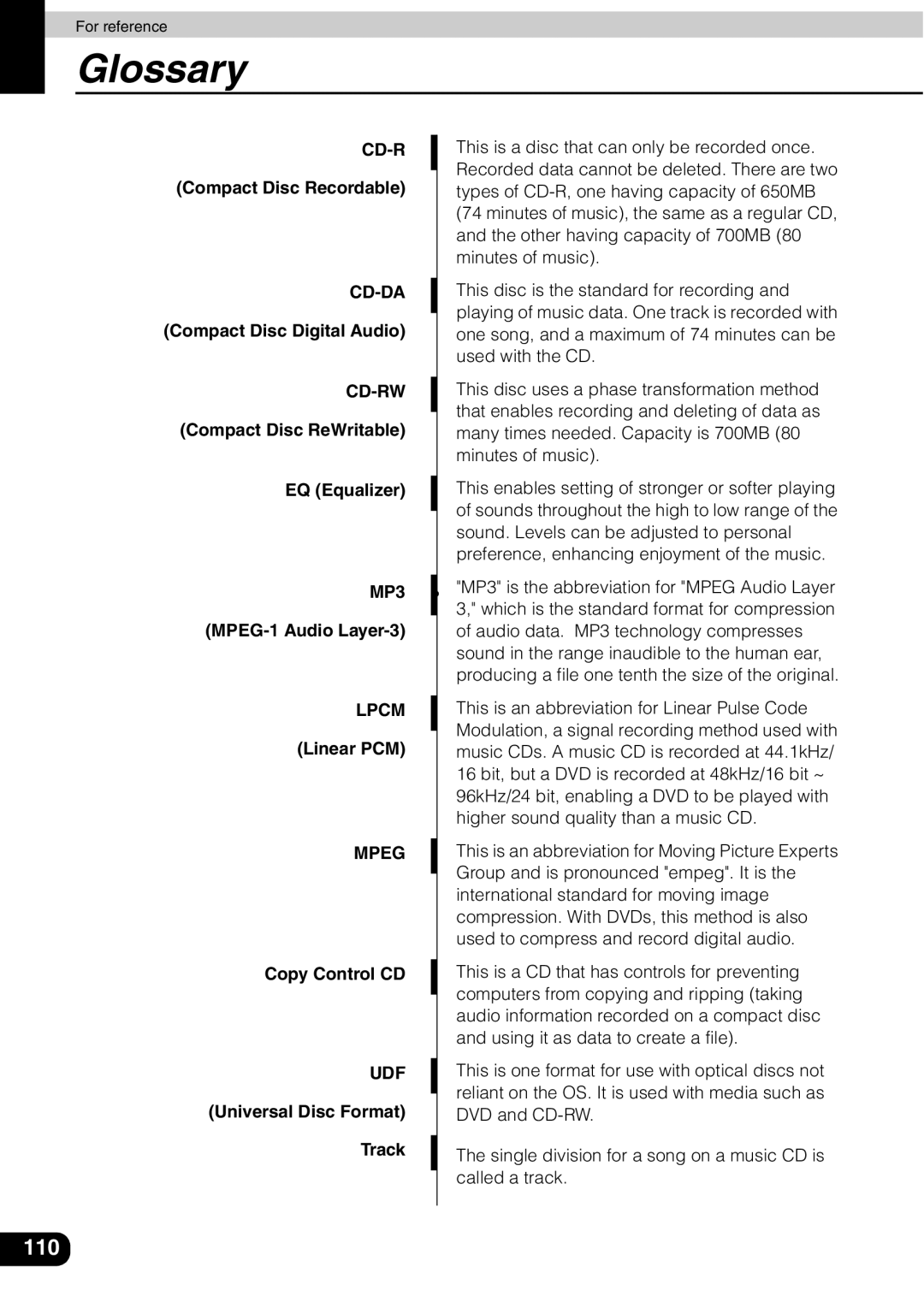 Eclipse - Fujitsu Ten AVN 30D manual Glossary, Mpeg 