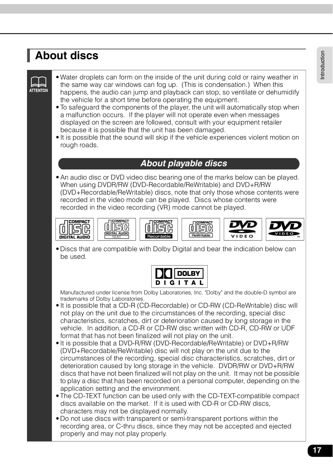 Eclipse - Fujitsu Ten AVN 30D manual About discs, About playable discs 