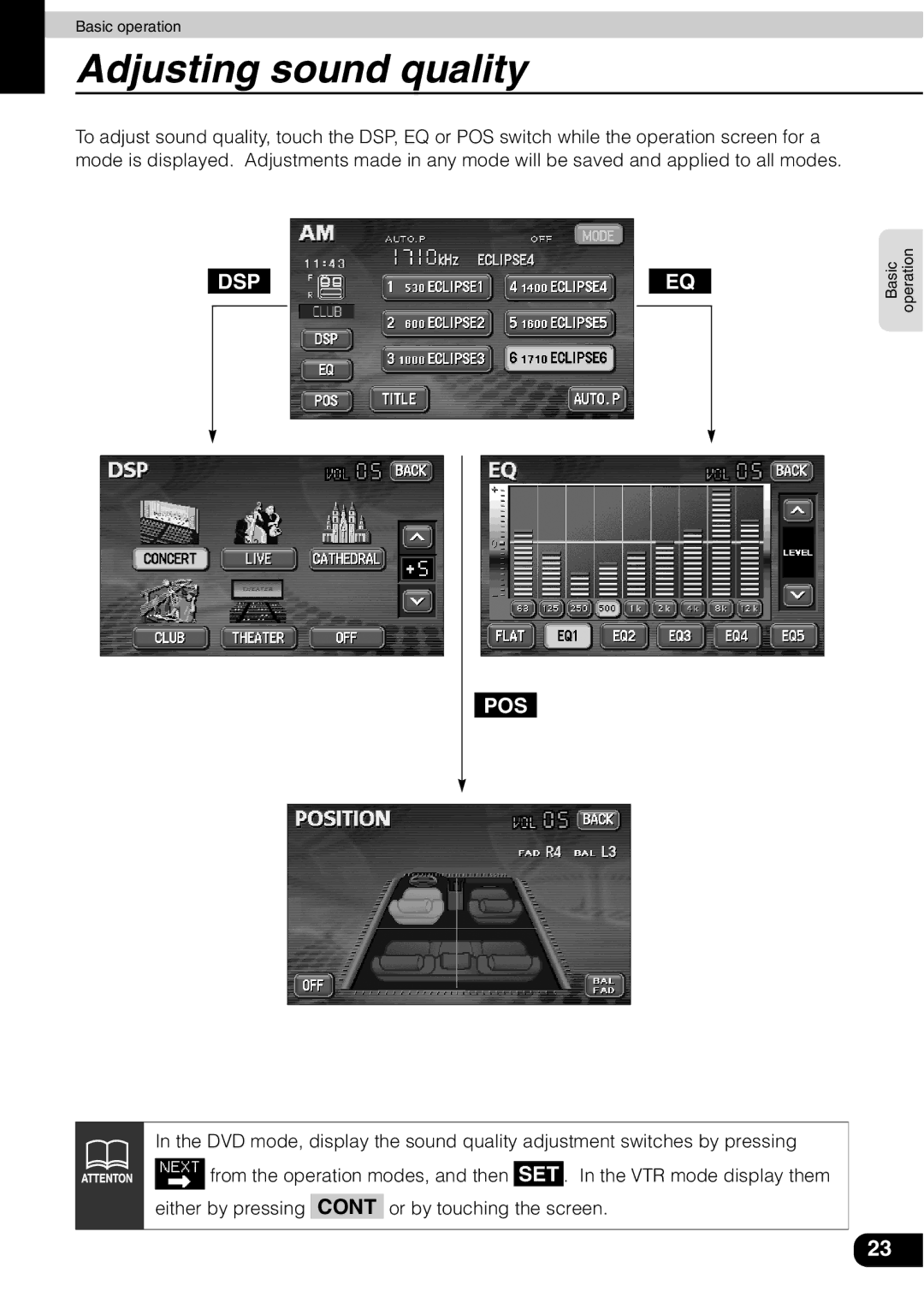 Eclipse - Fujitsu Ten AVN 30D manual Adjusting sound quality, Dsp Pos 