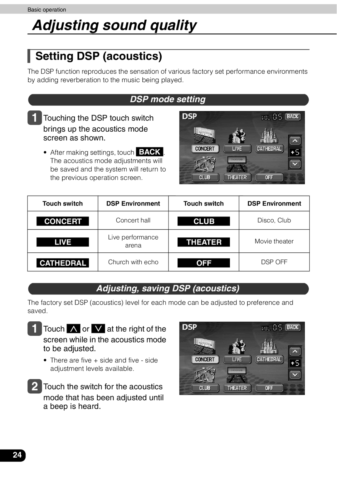 Eclipse - Fujitsu Ten AVN 30D manual Setting DSP acoustics, DSP mode setting, Adjusting, saving DSP acoustics 