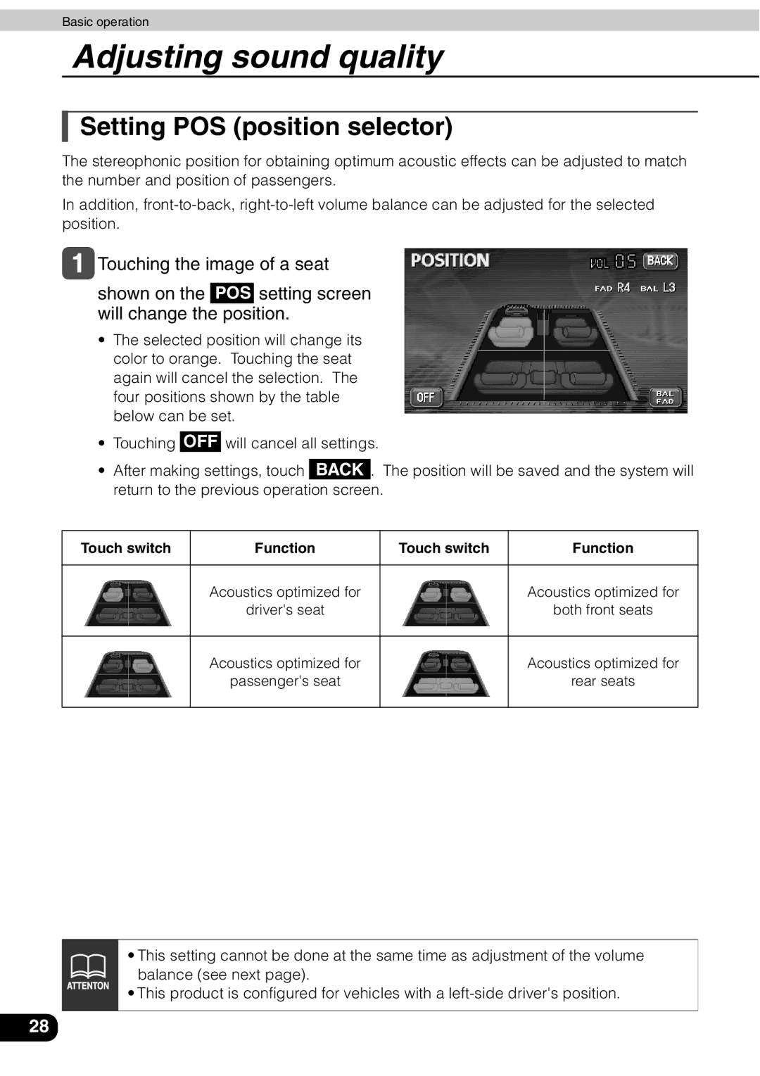 Eclipse - Fujitsu Ten AVN 30D manual Setting POS position selector, Touch switch Function 