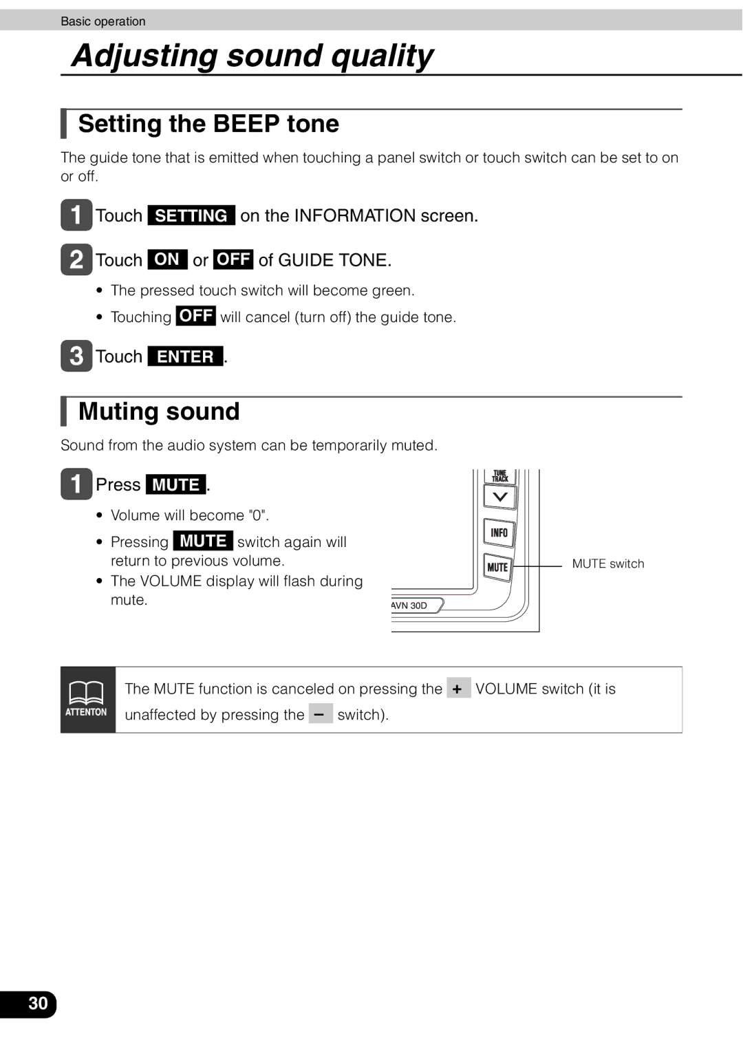 Eclipse - Fujitsu Ten AVN 30D manual Setting the Beep tone, Muting sound,  Touch Enter,  Press Mute 