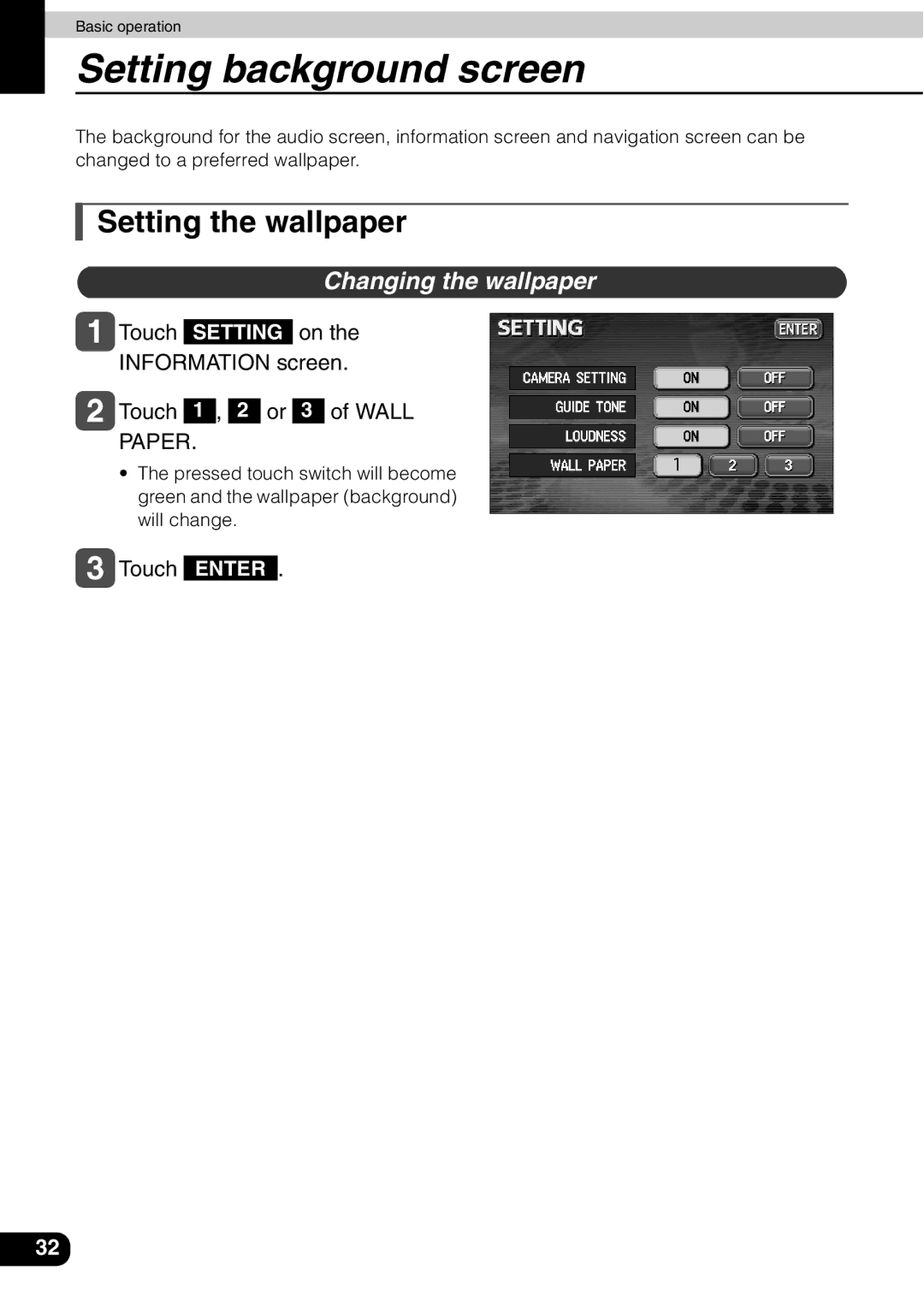 Eclipse - Fujitsu Ten AVN 30D manual Setting background screen, Setting the wallpaper, Changing the wallpaper 