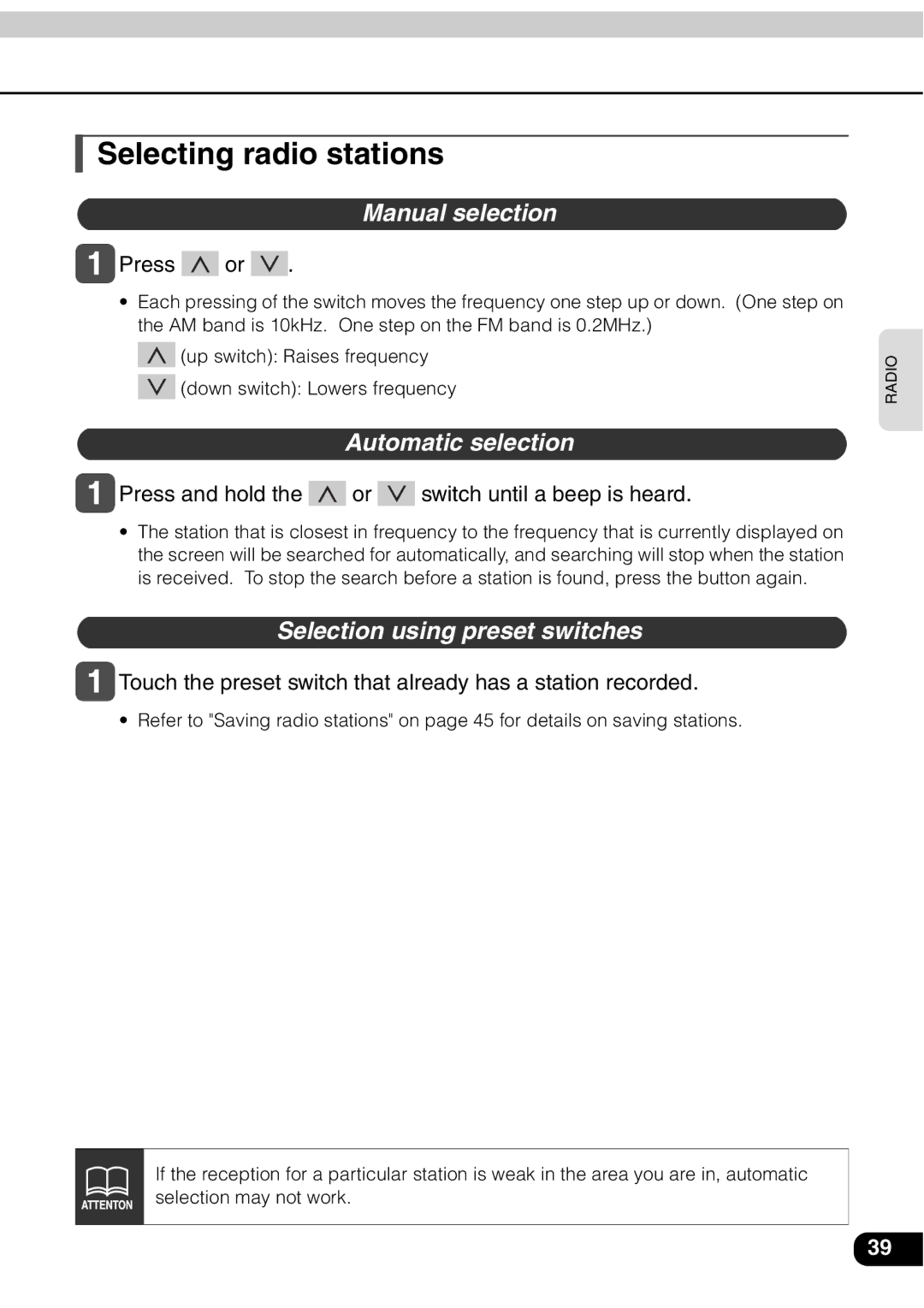 Eclipse - Fujitsu Ten AVN 30D manual Selecting radio stations, Manual selection, Automatic selection 