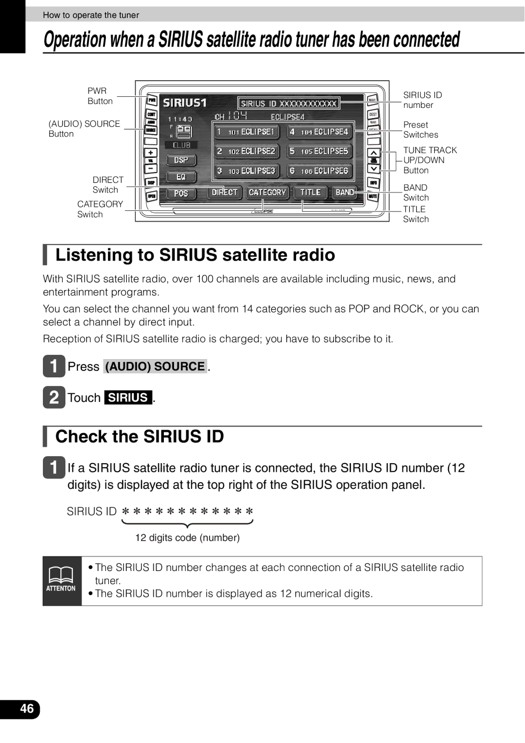 Eclipse - Fujitsu Ten AVN 30D manual Listening to Sirius satellite radio, Check the Sirius ID,  Touch Sirius 