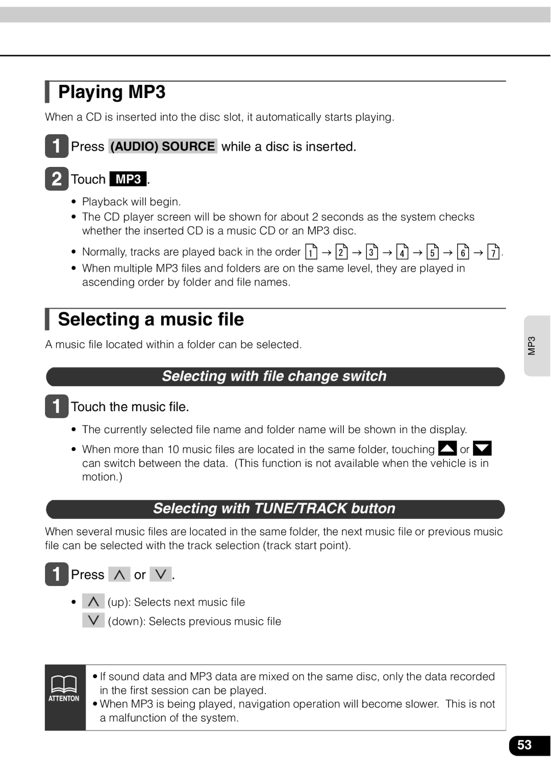 Eclipse - Fujitsu Ten AVN 30D manual Playing MP3, Selecting a music file, Selecting with file change switch 