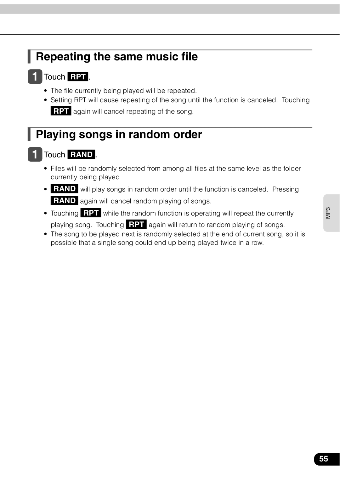 Eclipse - Fujitsu Ten AVN 30D manual Repeating the same music file,  Touch RPT 