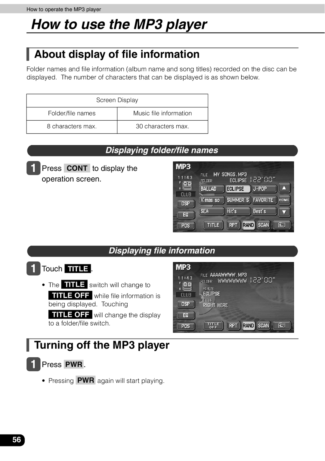 Eclipse - Fujitsu Ten AVN 30D About display of file information, Turning off the MP3 player, Displaying folder/file names 