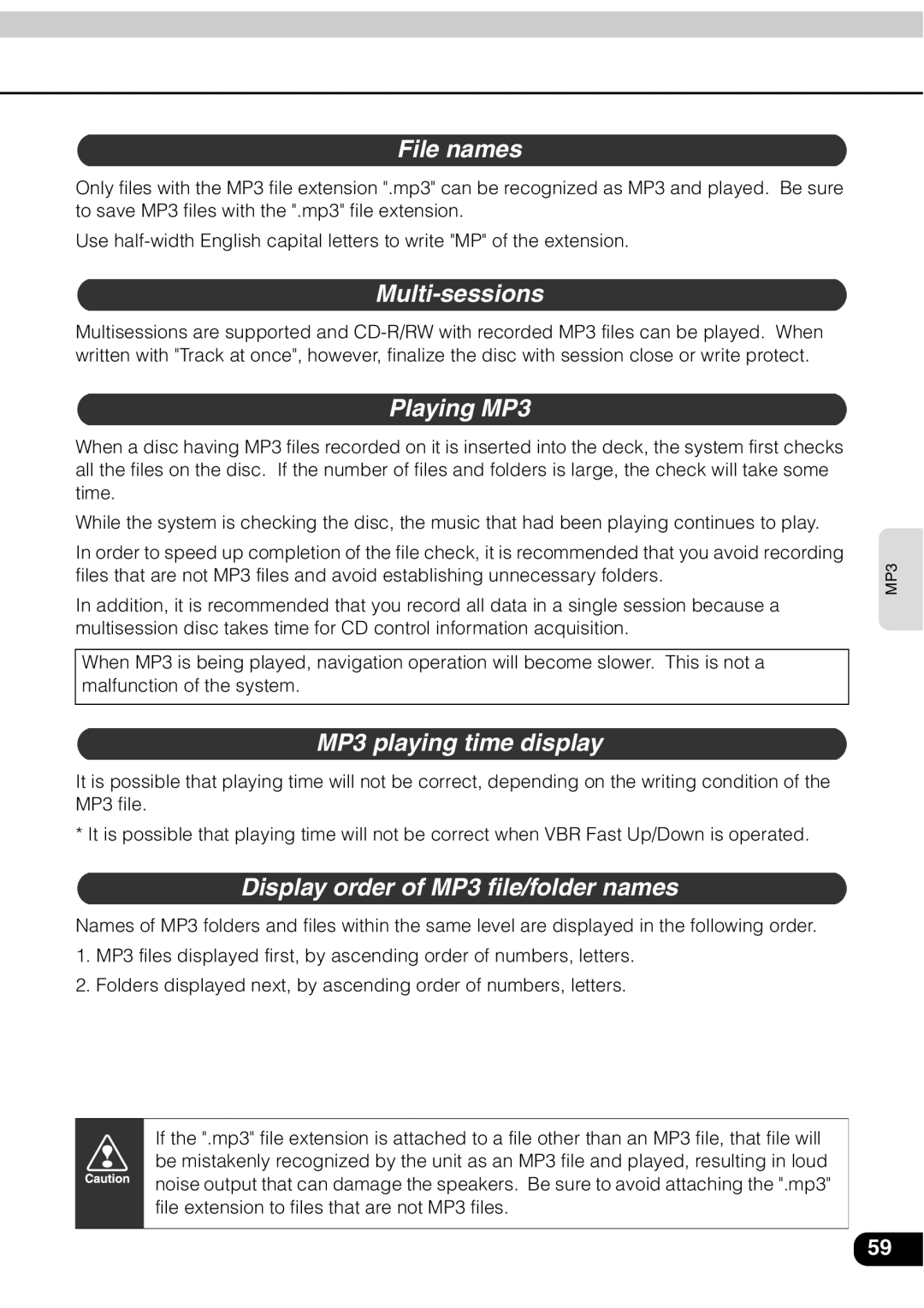 Eclipse - Fujitsu Ten AVN 30D manual File names, Multi-sessions, Playing MP3, MP3 playing time display 