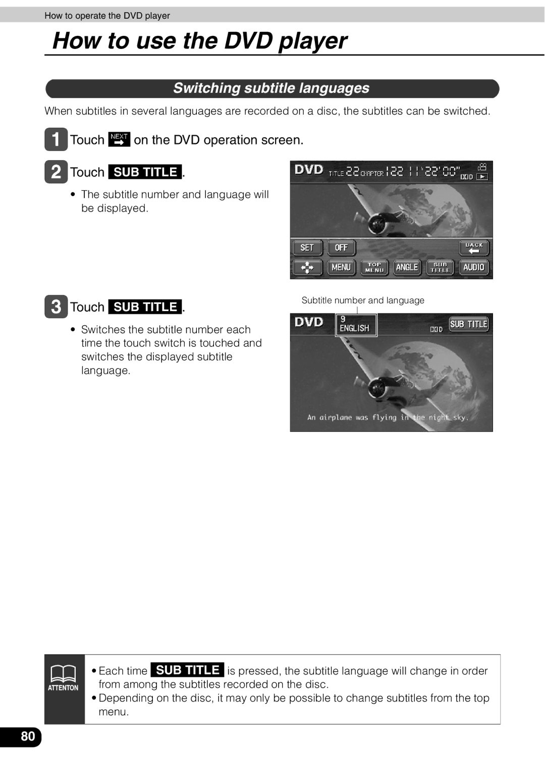 Eclipse - Fujitsu Ten AVN 30D manual Switching subtitle languages,  Touch on the DVD operation screen 