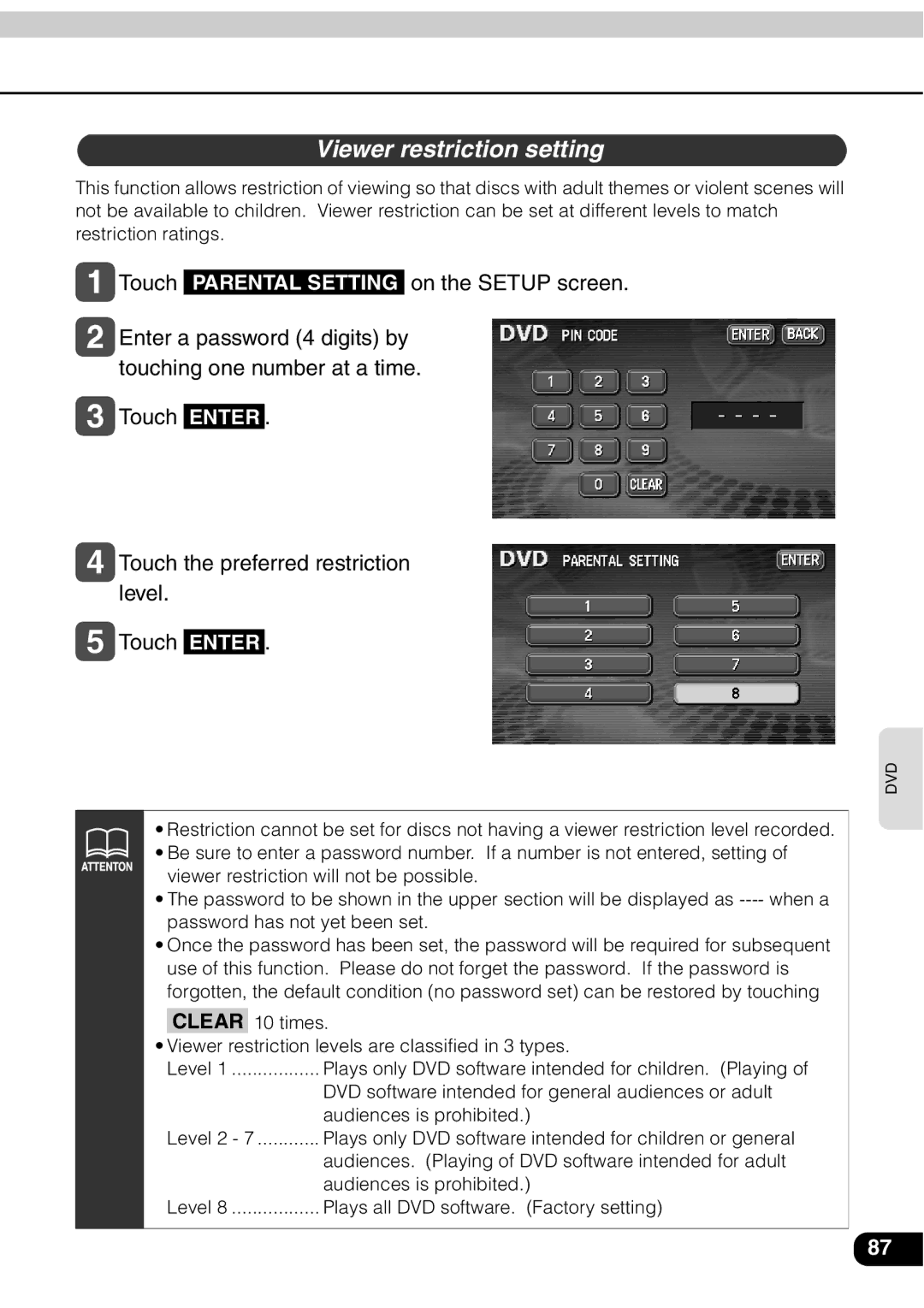 Eclipse - Fujitsu Ten AVN 30D manual Viewer restriction setting 