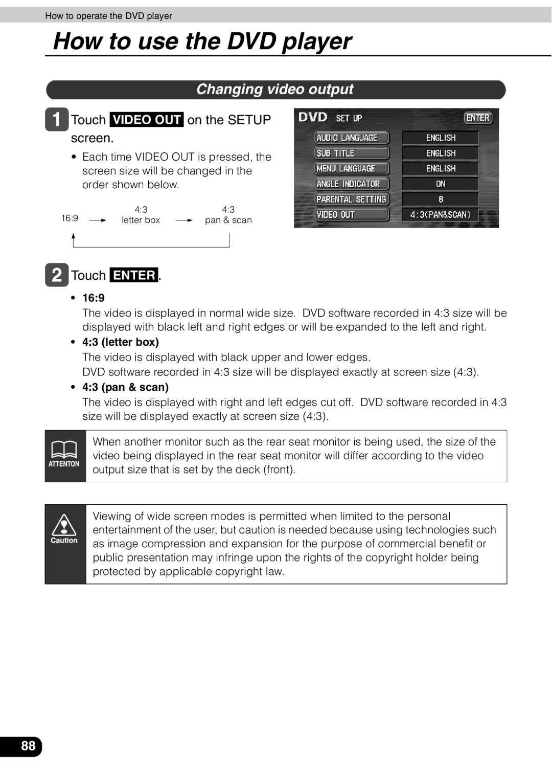 Eclipse - Fujitsu Ten AVN 30D manual Changing video output,  Touch Video OUT on the Setup screen 