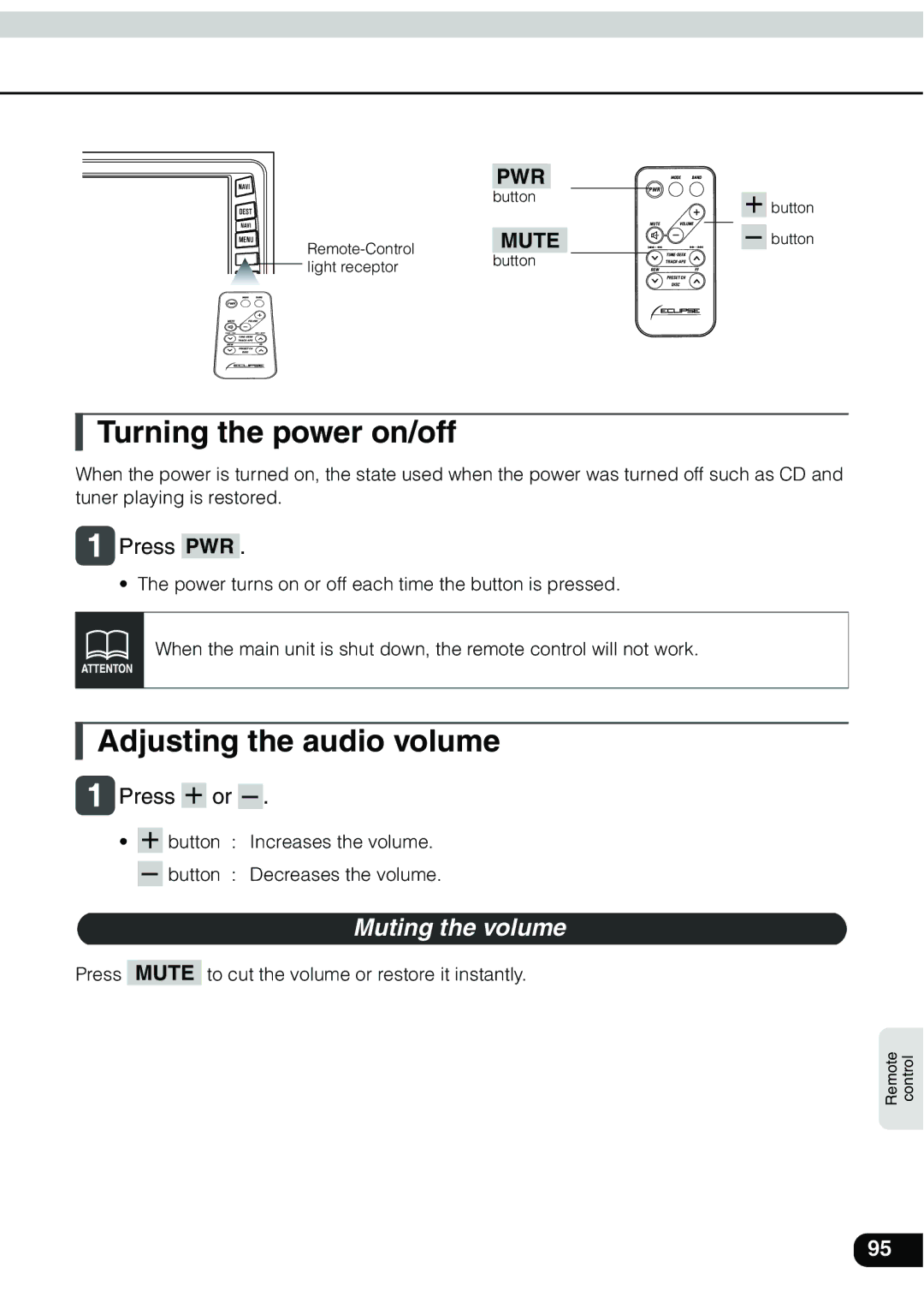 Eclipse - Fujitsu Ten AVN 30D manual Turning the power on/off, Adjusting the audio volume, Muting the volume 