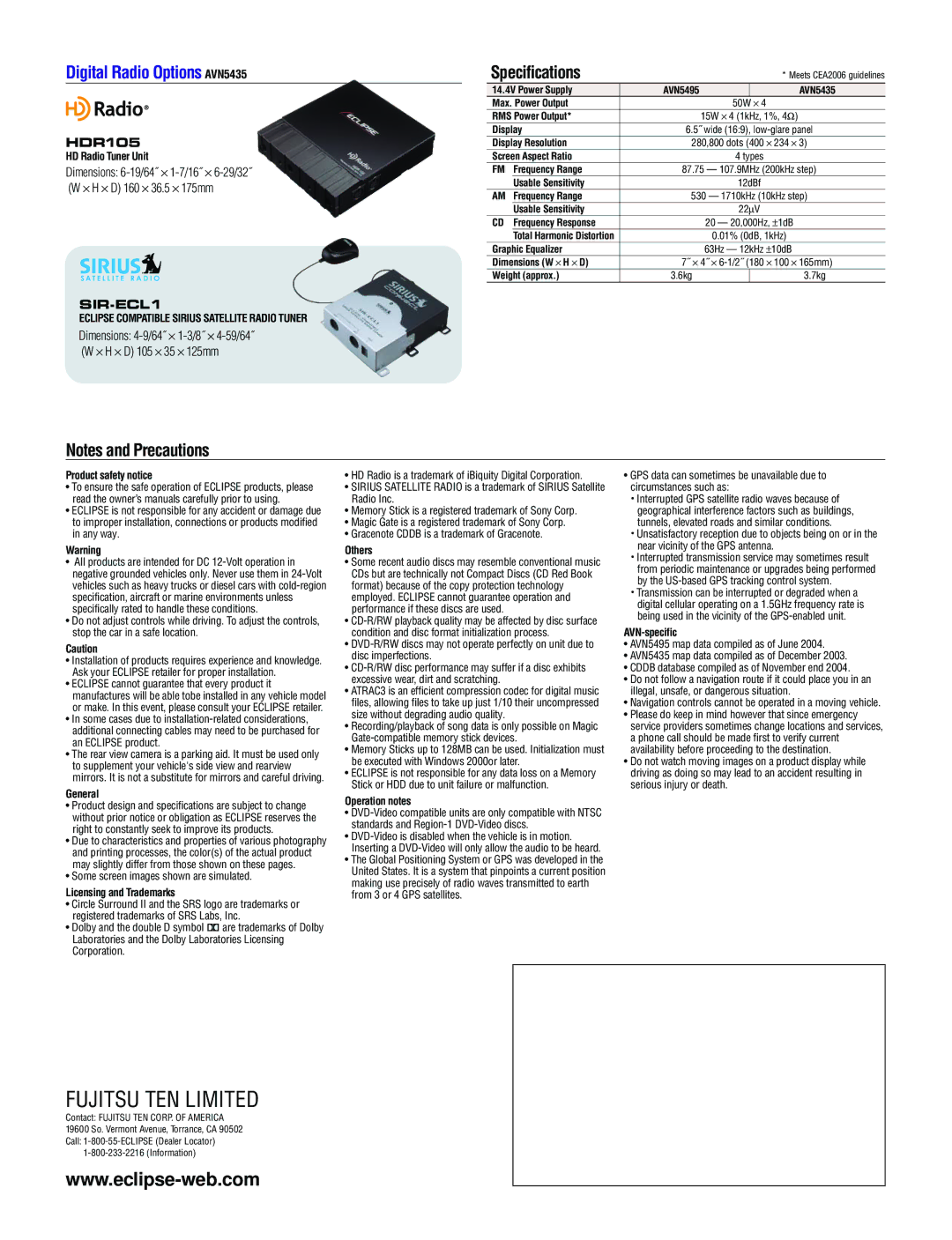 Eclipse - Fujitsu Ten AVN5495 brochure Digital Radio Options AVN5435, Specifications 