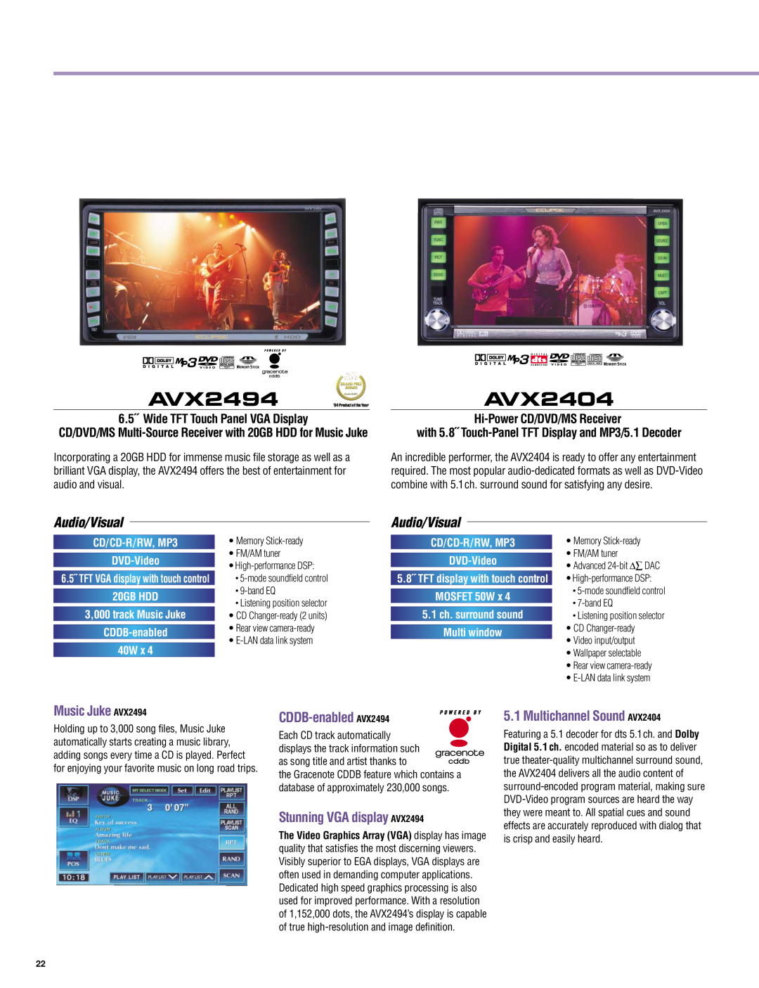 Eclipse - Fujitsu Ten AV3424, AVX5000 AVX2404, Music Juke AVX2494, CDDB-enabled AVX2494, Stunning VGA display AVX2494 