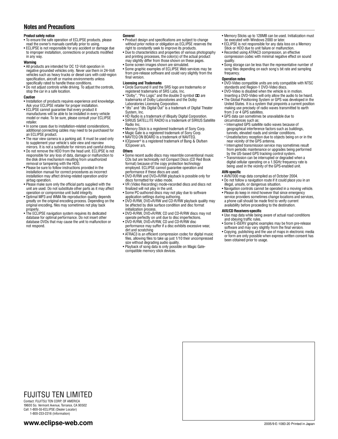 Eclipse - Fujitsu Ten AVN5435 manual Fujitsu Ten Limited, Product safety notice, General, Licensing and Trademarks, Others 