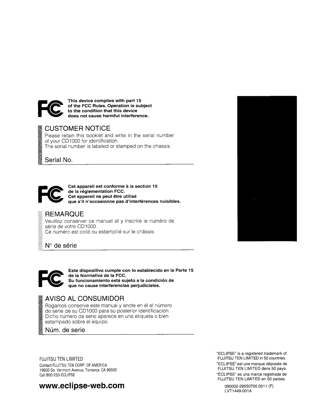 Eclipse - Fujitsu Ten CD1000 manual 